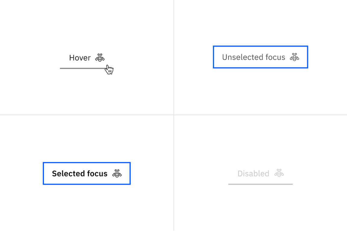 Examples of hover, unselected focus, selected focus, and disabled states for line tabs. Examples of hover, unselected focus, selected focus, and disabled states for line tabs.