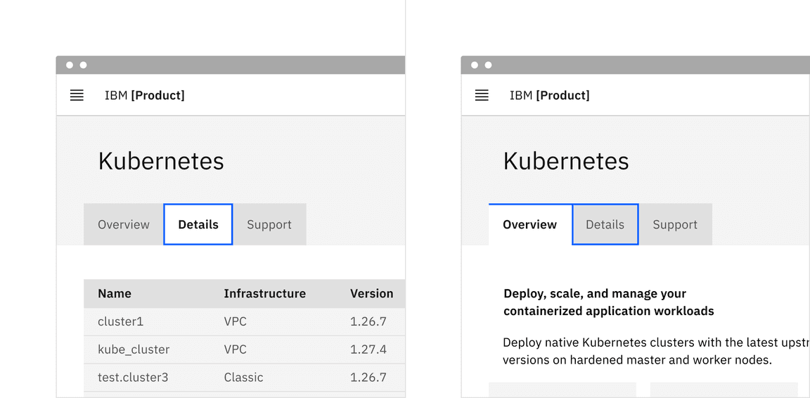 Automatic and manual versions of a tablist with tabs called Overview, Details, and Support. In the first, the Details tab is selected and focused. In the second the Overview tab is still selected and the Details tab has a focus indicator Automatic and manual versions of a tablist with tabs called Overview, Details, and Support. In the first, the Details tab is selected and focused. In the second the Overview tab is still selected and the Details tab has a focus indicator
