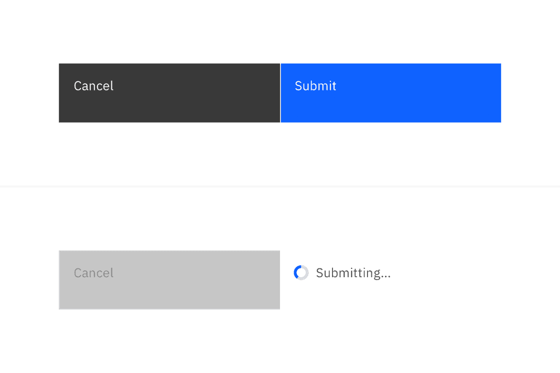 example of Cancel button in disabled state while the Submit button is replaced by inline loading icon and "Submitting" message example of Cancel button in disabled state while the Submit button is replaced by inline loading icon and "Submitting" message