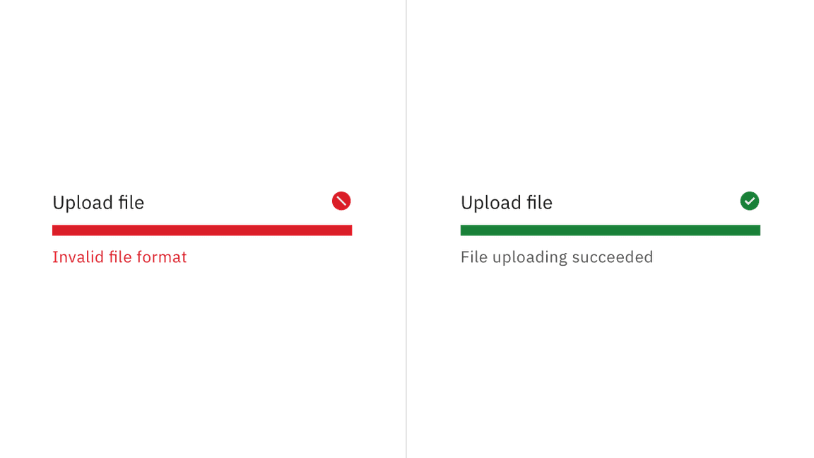 Two progress bars respectively in error and successful, show the help text "Invalid file format" and "File uploading succeeded" Two progress bars respectively in error and successful, show the help text "Invalid file format" and "File uploading succeeded"