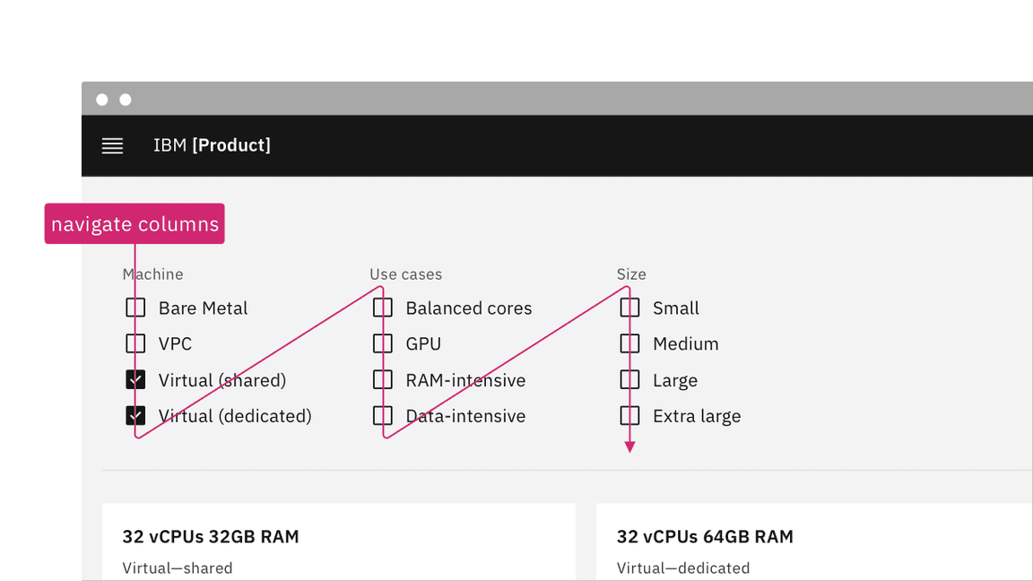 checkboxes with instruction to ‘navigate in columns' checkboxes with instruction to ‘navigate in columns'