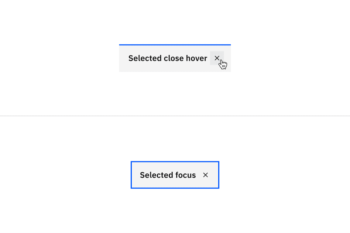 Selected close hover and selected focus states for dismissible contained
tabs. Selected close hover and selected focus states for dismissible contained
tabs.