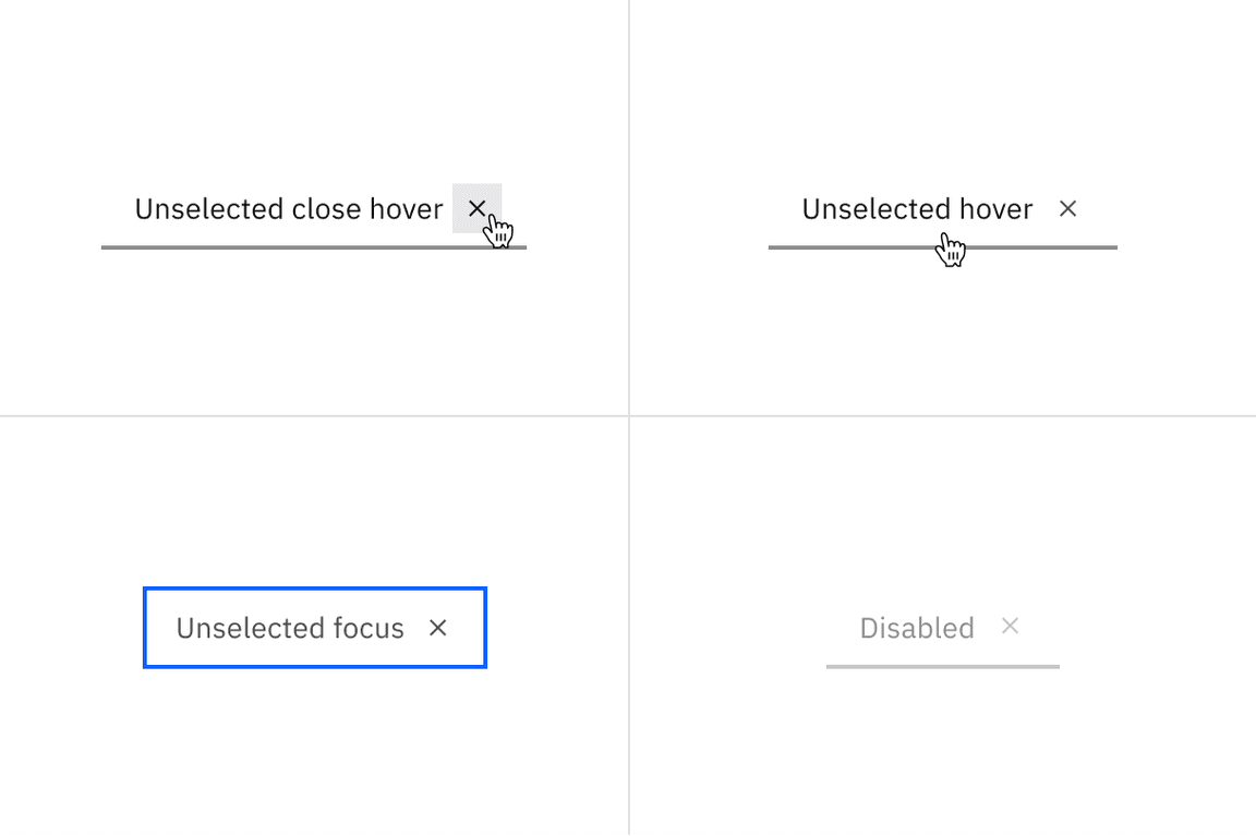 Examples of unselected close hover, unselected hover, unselected focus, and disabled states for dismissible line tabs. Examples of unselected close hover, unselected hover, unselected focus, and disabled states for dismissible line tabs.
