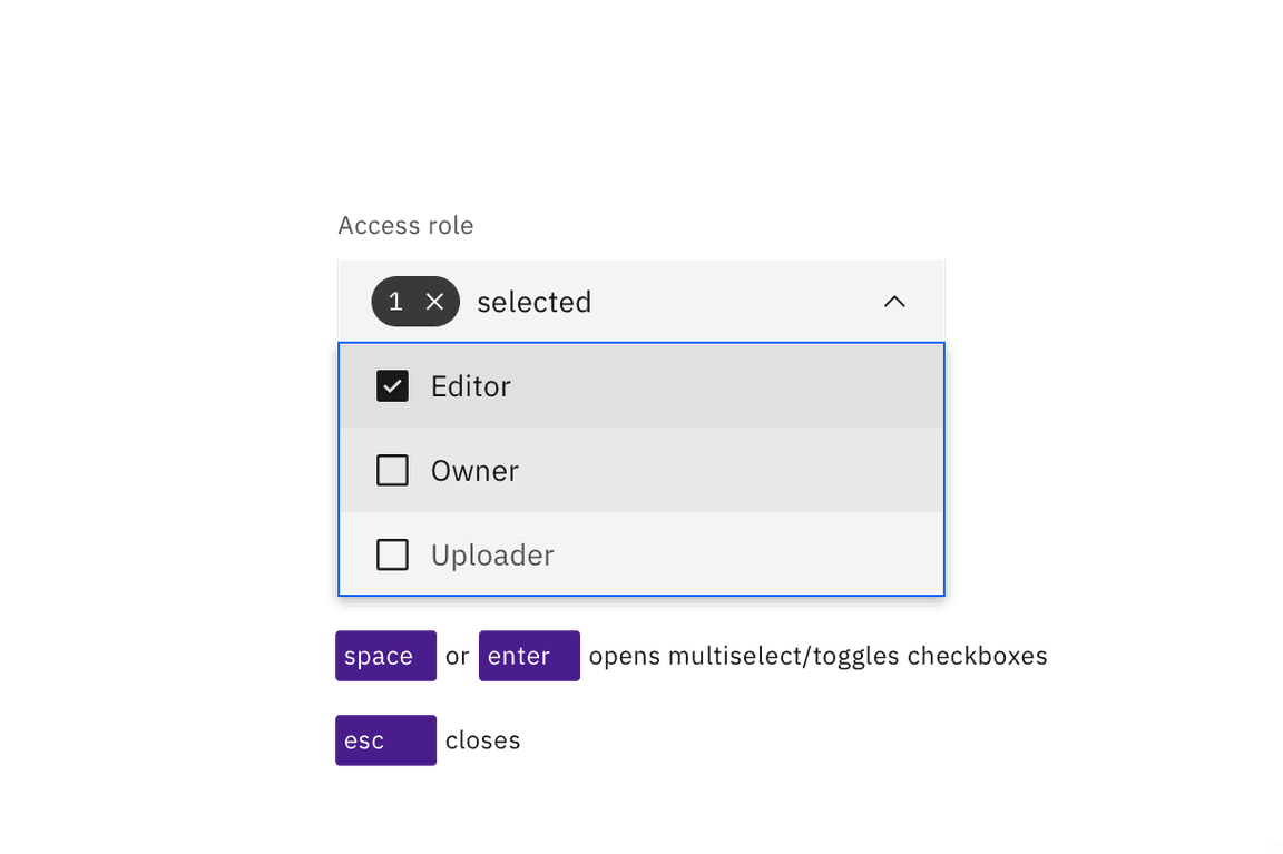 Space and Enter keys open multiselects and toggle the selection of checkbox options. Esc closes. Space and Enter keys open multiselects and toggle the selection of checkbox options. Esc closes.