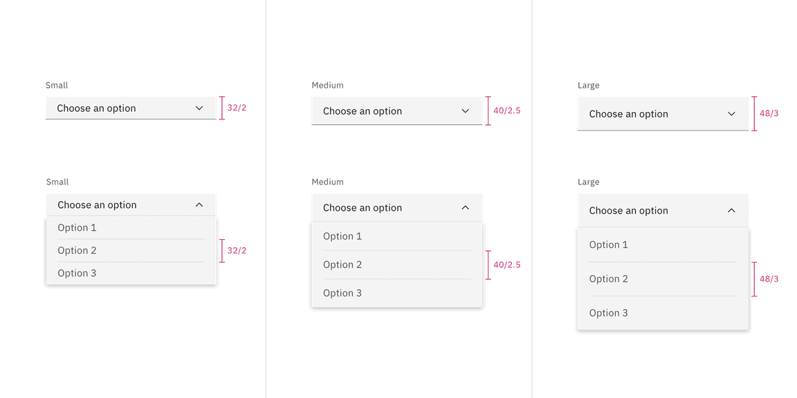 Sizes for dropdown Sizes for dropdown