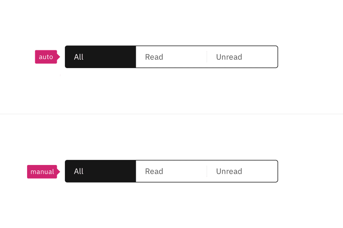 Two content switchers, one with a pink annotation reading "auto", the other with an annotation "manual" Two content switchers, one with a pink annotation reading "auto", the other with an annotation "manual"