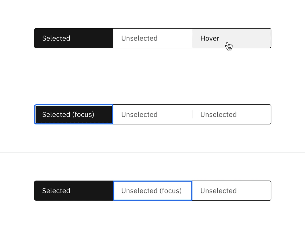 Example of default content switcher interactive states Example of default content switcher interactive states