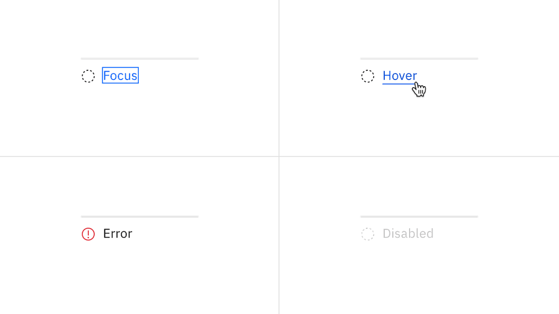 Examples of focus, hover, error, and disabled states for progress indicator Examples of focus, hover, error, and disabled states for progress indicator